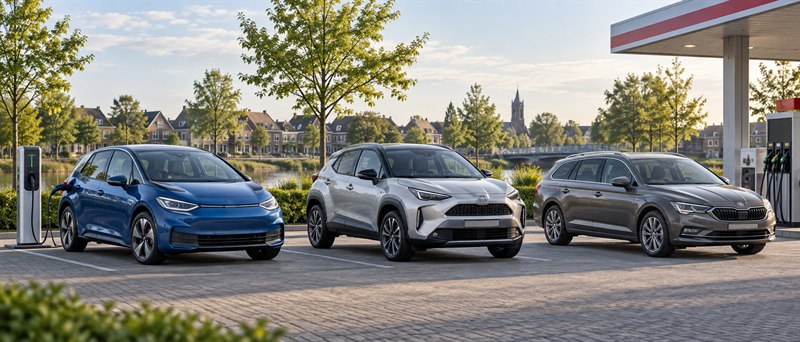 Electric, hybrid and petrol cars parked beside charging and fuel stations