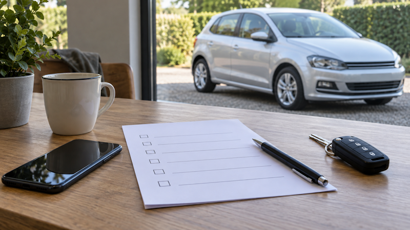 Checklist, phone and car keys for a used car viewing